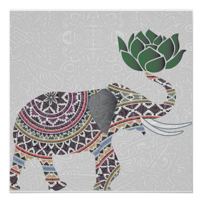 Póster Poster de Elefante - Design boêmia indiana com lót (Frente)
