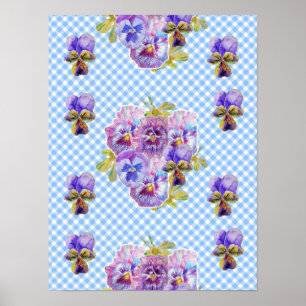 Poster Pôster de flores de amor-perfeito xadrez azul Shab