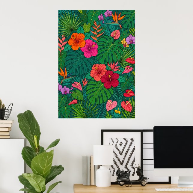 Poster Pôster de Folhas da Selva Botânica de Hibisco Trop (Escritório em casa)