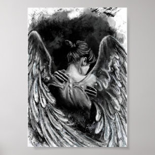 Poster Pôster de Garota Anjo - Pintura em Preto e Branco