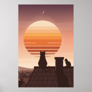 Poster Pôster de Gatos Assistindo Pôr do Sol Retrô Sobre