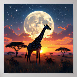 Poster Pôster de Girafa sob Lua no Pôr do Sol Africano