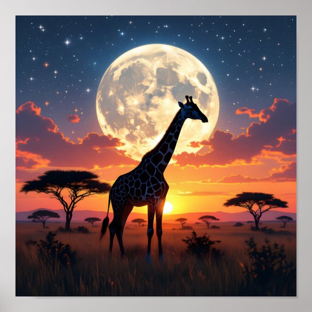 Poster Pôster de Girafa sob Lua no Pôr do Sol Africano (Frente)