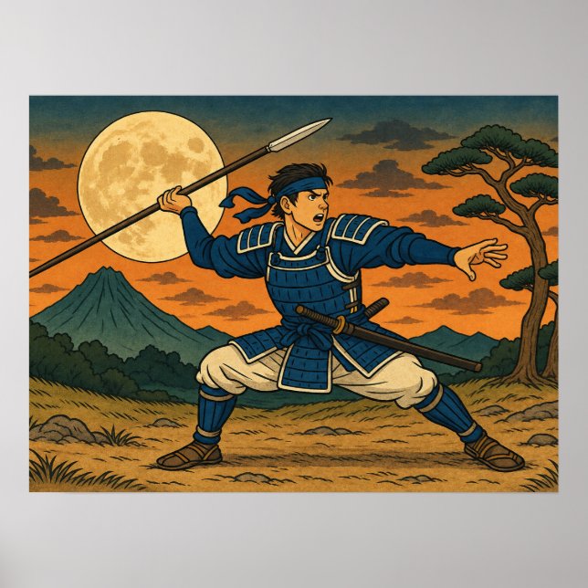 Poster Pôster de Guerreiro Japonês com Lança sob Lua Chei (Frente)