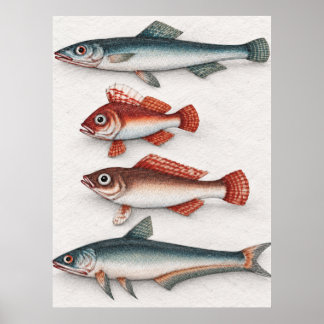 Poster Pôster de Ilustração Marinha de Quatro Peixes