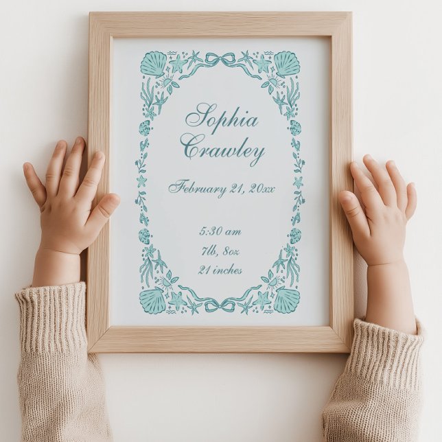 Poster Pôster de Informações de Nascimento Azul Turquesa  (Personalized Teal Coastal Seashells Ribbon Birth Info Poster Coastal Blue)