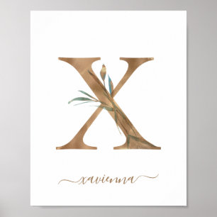 Poster Pôster de Letra X Dourada Floral Aquarela Monogram