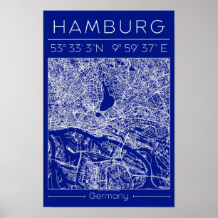 Poster Pôster de Mapa da Cidade de Hamburgo em Blueprint