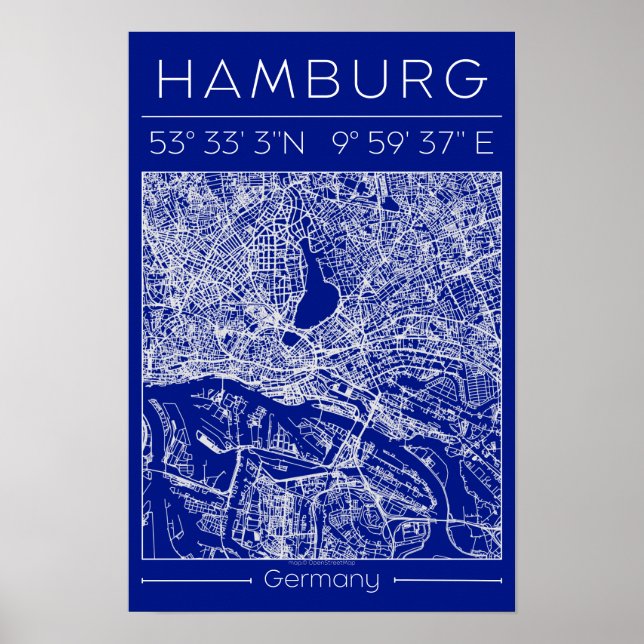 Poster Pôster de Mapa da Cidade de Hamburgo em Blueprint  (Frente)