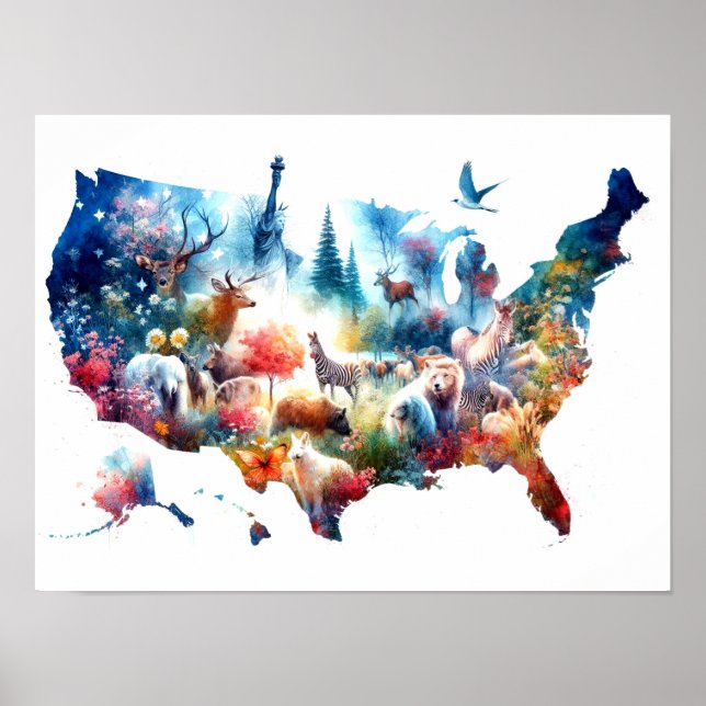 Poster Pôster de Mapa dos EUA e Animais com Exposição Dup (Frente)