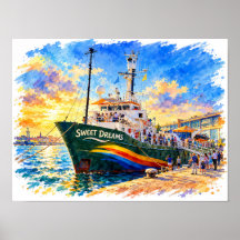 Pôster de Navio no Porto em Aquarela Sweet Dreams