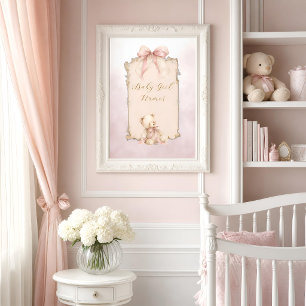 Poster Pôster de Nome da Sala de Bebê Urso Teddy Rosa