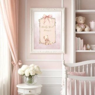 Poster Pôster de Nome da Sala de Bebê Urso Teddy Rosa