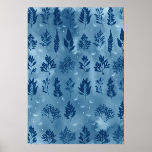 Poster Pôster de padrão cianotipia de herbário de algas m