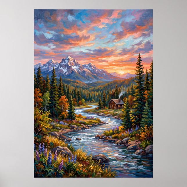 Poster Pôster de Paisagem do Pôr do Sol no Rio da Montanh (Frente)