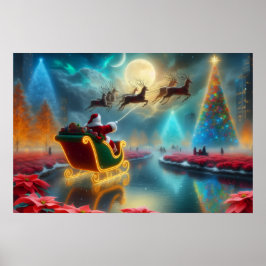 Poster Pôster de Papai Noel e suas renas voando no céu
