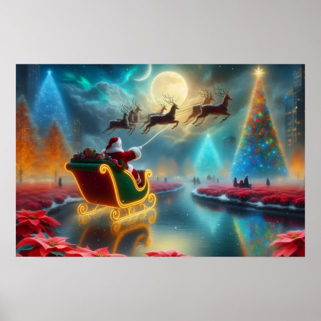 Poster Pôster de Papai Noel e suas renas voando no céu (Frente)