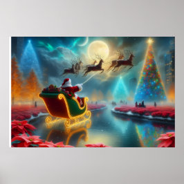 Poster Pôster de Papai Noel e suas renas voando no céu