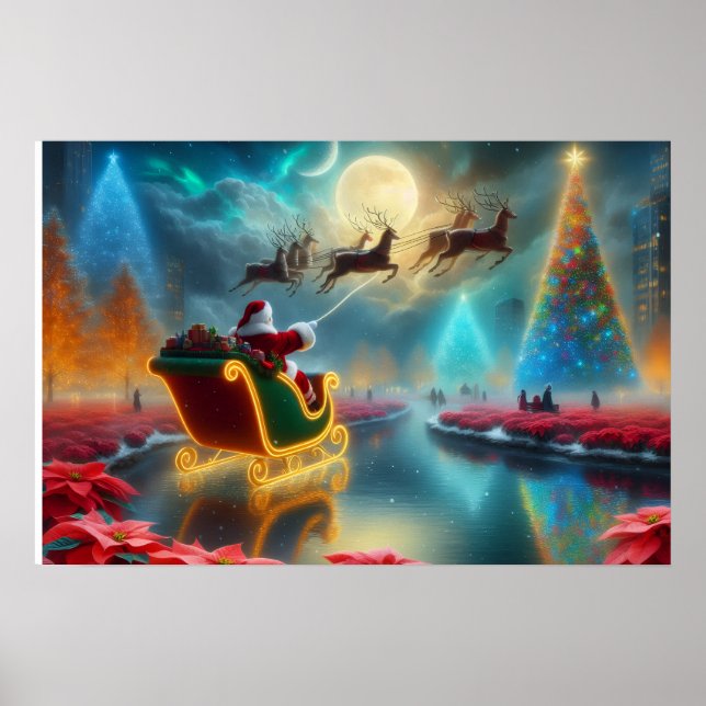 Poster Pôster de Papai Noel e suas renas voando no céu (Frente)
