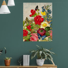 Poster Pôster de papel de flores e borboletas vintage