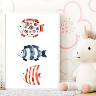 Poster Pôster de peixes vermelhos e azuis sob o mar