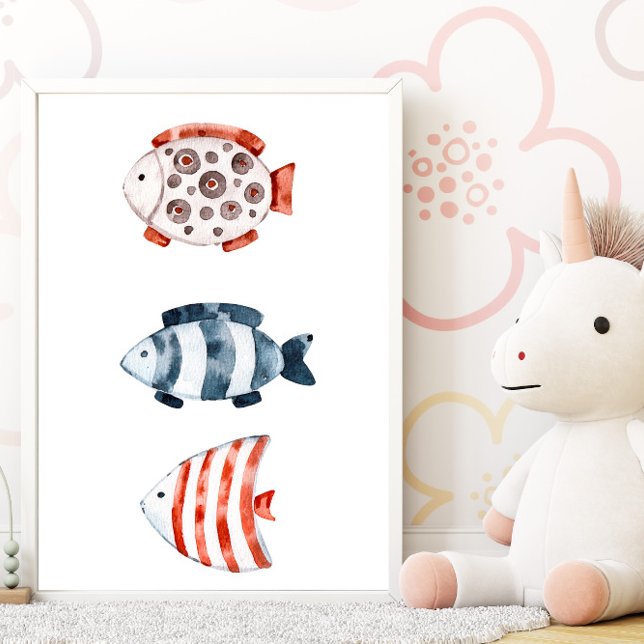 Poster Pôster de peixes vermelhos e azuis sob o mar (Criador carregado)