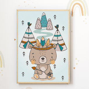 Poster Pôster de quarto infantil com urso nativo american