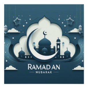 Póster Poster De Ramadã Mubarak, Moderno, Azul E Branco