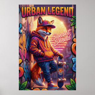 Poster Pôster de Raposa Skater Lenda Urbana Neon Grafite
