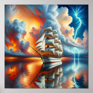 Poster Pôster de Reflexo de Iate ao Pôr do Sol