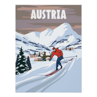 Póster Poster de resort Austria Ski, retrô. Alpes Winter