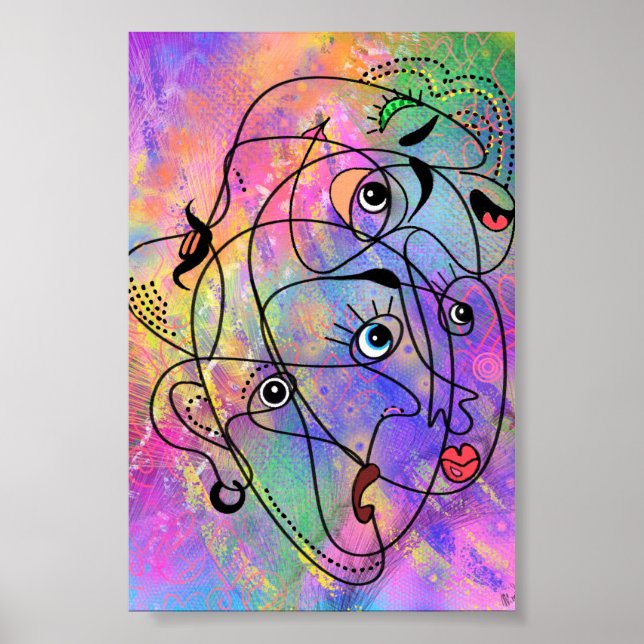 Poster Pôster de Rostos de Pessoas Abstratas em Estilo Cu (Frente)