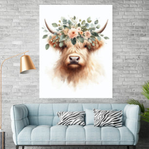 Poster Pôster de Vaca de Fazenda Boho com Coroa Floral
