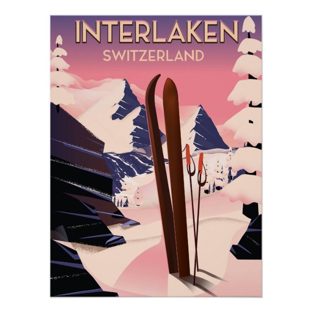 Póster Poster de viagens de Esqui de Suiça Interlaken. (Frente)