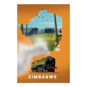 Póster Poster de viagens ilustrado do Mapa do Zimbábue