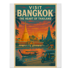 Póster Poster de viagens retrô de Bangkok, Tailândia