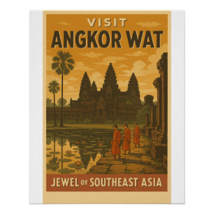 Póster Poster de viagens retroativo do templo Angkor Wat