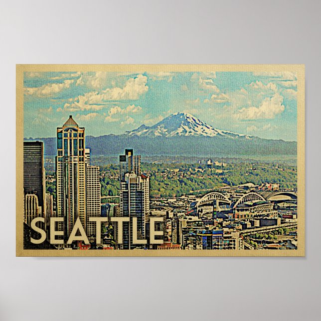 Poster Poster de Viagens vintage Seattle Monte Rai (Frente)