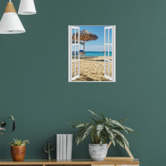 Poster Pôster de vista de janela de praia arenosa e mar