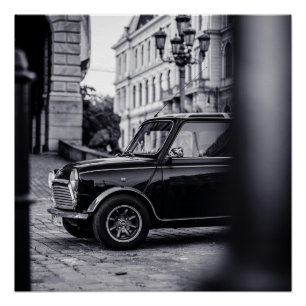 Póster Poster do carro clássico Mini Cooper preto e branc