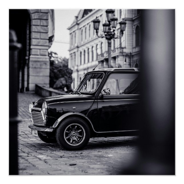 Póster Poster do carro clássico Mini Cooper preto e branc (Frente)