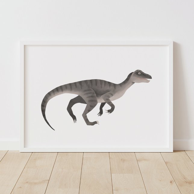 Poster Pôster do Dinossauro Raptor Cinza para Quarto de C (Criador carregado)