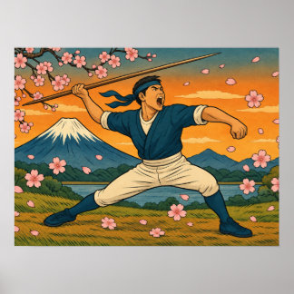 Poster Pôster do Guerreiro Japonês com Lança e Monte Fuji