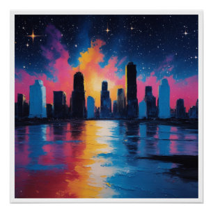 Póster Pôster do Horizonte Urbano Futurista ao Pôr do Sol