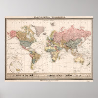 Pôster do Mapa Mundial Cores Baunilha Vintage