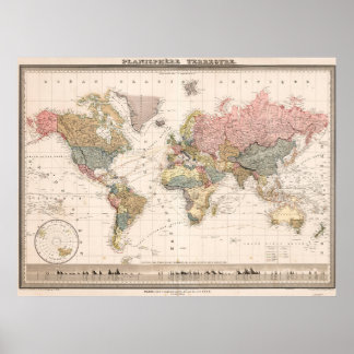 Poster Pôster do Mapa Mundial Cores Baunilha Vintage