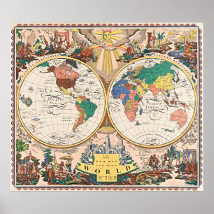 Poster Pôster do Mapa Mundial em Arte Deco Retrô