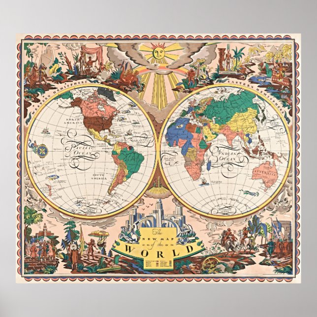 Poster Pôster do Mapa Mundial em Arte Deco Retrô (Frente)