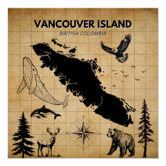 Póster Poster do Mapa Vintage da ilha de Vancouver