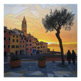 Póster Pôster do Pôr do Sol Ligúrio – Estilo Vitral